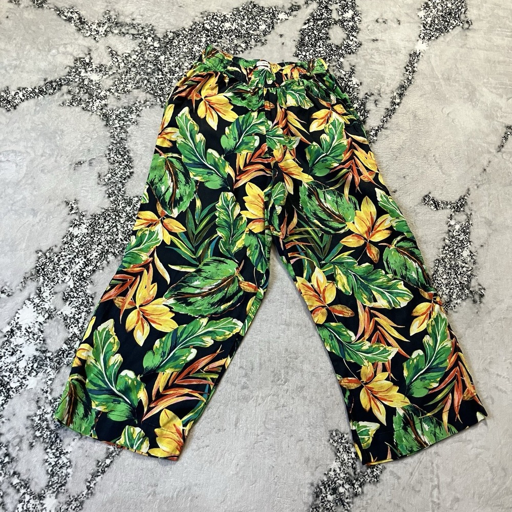 Nicole Miller Linen Pants Women M Tropical Floral Pull On Wide Leg Beach